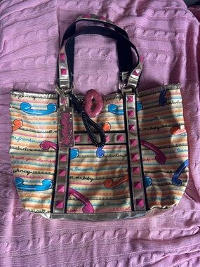 Betsey Johnson “Call Me” Large Yellow Tote with Pink Stud Trim